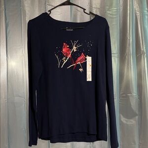 Croft & Barrow Navy Long Sleeve Top with Red Bird Design